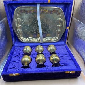 Vintage Brass Cordial Set of 6 in Velvet Box